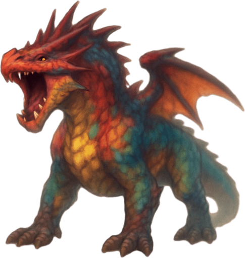 Different standing dragon on four legs, looking down. have mixed colors. Blur. the dragon is opened mouth like he is ready to shout. 
Single Game Texture. In-Game asset. 3D. Blank background. High contrast. No shadows.