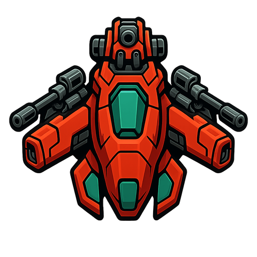 A space ship with guns.
Single Game Texture.  In-Game asset.  2d.  Blank background.  High contrast.  No shadows