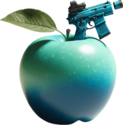 a blue apple with a gun.
In-Game asset. Blank background. High contrast.