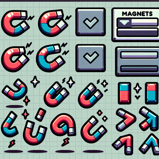 A sprite sheet of magnets.
Single Game Texture. In-Game asset. 2d. Blank background. High contrast. No shadows.