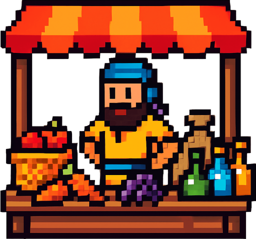 npc market pixelart.
In-Game asset.  2d.  High contrast.  No shadows