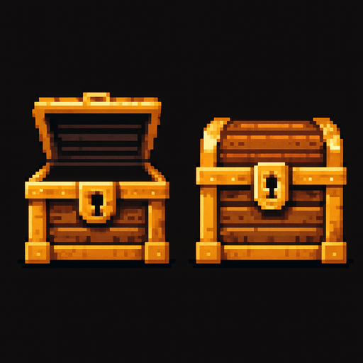 An old treasure chest with a lid open and lid closed version. From straight on view. Retro pixelated art..
In-Game asset.  2d.  High contrast.  No shadows