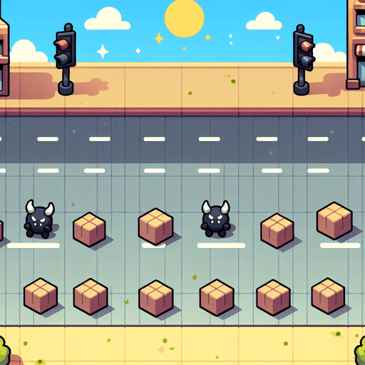UMA rua de dia com caixas na estrada com bolinha pretas com chifres branco pequenos,jogo 2d.
Single Game Texture. In-Game asset. 2d. Blank background. High contrast. No shadows.