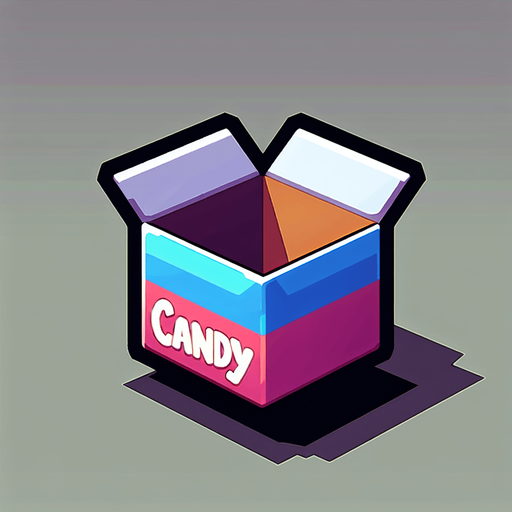 scatola vuota, ma colorata con scritta candy.
Single Game Texture. In-Game asset. 2d. Blank background. High contrast. No shadows.