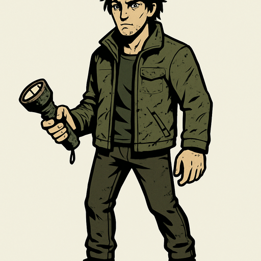 ✅ Hair: Medium-length, slightly unkempt dark hair—indicating survival hardships.
✅ Height: Around 1.75m (5'9"), agile but not overly strong.
✅ Build: Lean, slightly worn-out clothing, showing signs of past struggles.
✅ Eyes: Piercing green or amber eyes, reflecting a determined personality.
✅ Accessories: A damaged jacket with scratches, adding realism to the post-apocalyptic theme.
✅ Hand Item: A broken flashlight – essential for revealing enemies but risky in the dark!
Arin’s design should reflect their survival skills—not looking overly combat-ready but practical for the harsh environment. The flashlight mechanic will play a big role in interacting with the game’s shadow creatures..
In-Game asset.  2d.  High contrast.  No shadows