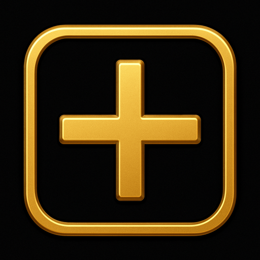 Boton de signo de mas elegante de color dorado con fondo negro.
In-Game asset.  2d.  High contrast.  No shadows