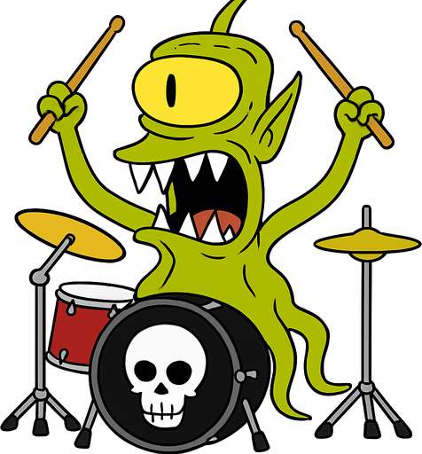 Make my character have drumsticks and be on top of drums and the big drum be black and have a white skull