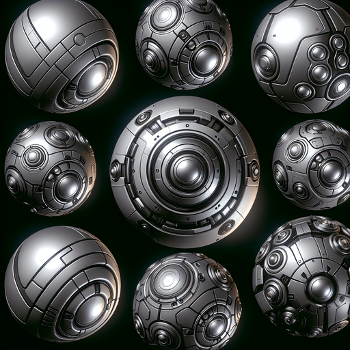 robotic and shiny balls.
Single Game Texture.  In-Game asset.  2d.  Blank background.  High contrast.  No shadows