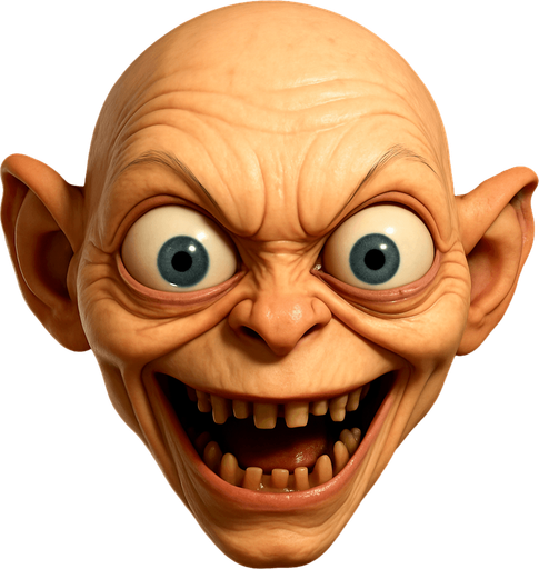 3D Scary but funny and cute face meme of gollum. only face, different faces look.
In-Game asset.  3D.  High contrast.  No shadows. only face