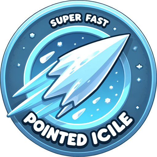 Icon for a very speedy icicle, on a circle, with the text „pointed Icicle“ at top, cartoon Single Game Texture. In-Game asset. 2d. Blank background. High contrast. No shadows.