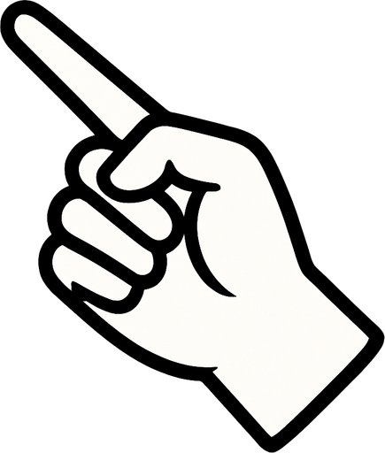 black outline. The back of a hand with a pointing finger pointing to the top-left. Black and white only. Blue background..
In-Game asset.  2d.  High contrast.  No shadows