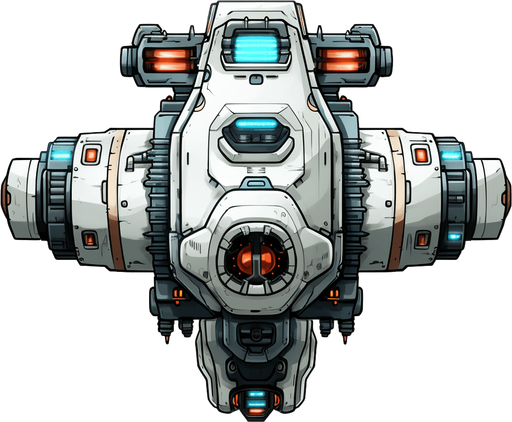 Hero spaceship facing upwards, with a single cannon in the center.
Game Texture. In-Game asset. 2d. Pixelart. White background. Blank background. Low detail. High contrast.