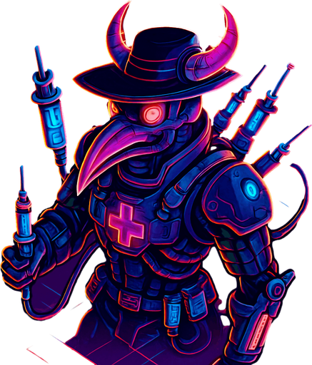 Neon cyberpunk anime top down isometric animatronic plague doctor cyborg demon medic CDC corporate robot monster disease pestilence medicine syringes
