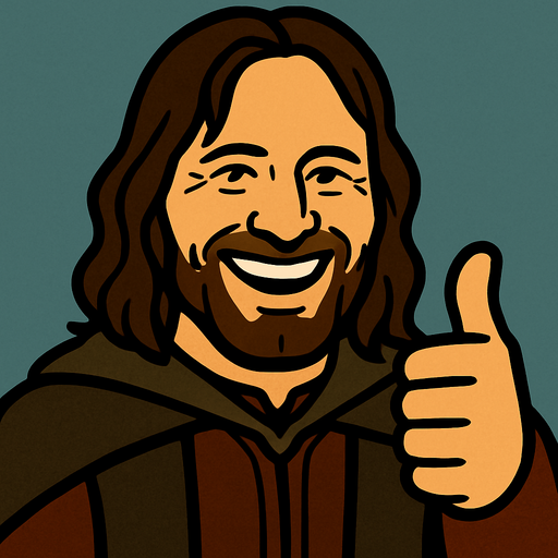 Tamamen aynı sanatsal formda ama parmağını yukarı kaldırıp gülen ARAGORN olacak