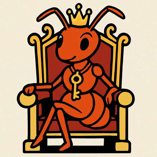 kafasında taç olan ve boynunda anahtar olan tahtında oturan kraliçe karınca.
In-Game asset.  2d.  High contrast.  No shadows