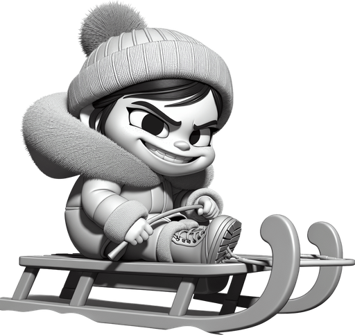 Little girl on a sledge, cartoon, winter, sideview, evil, winter boots Single Game Texture. In-Game asset. 2d. Blank background. High contrast. No shadows.