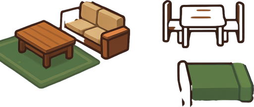 The inside of a quiet and peaceful house with no people inside.
In-Game asset.  2d.  High contrast.  No shadows