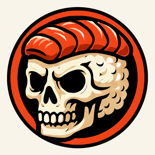 Genera una imagen de un sushi con cara de calavera, que sea un botón circular y que se vea muy epico.
In-Game asset.  2d.  High contrast.  No shadows
