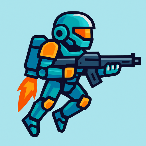 tentara robot terbang sambil memegang senjata rifle. side scroll view.
In-Game asset.  2d.  High contrast.  No shadows