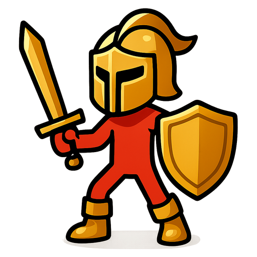 Red stickman with a golden knight helmet, gold sword and gold shield and gold boots.
In-Game asset.  2d.  High contrast.  No shadows
