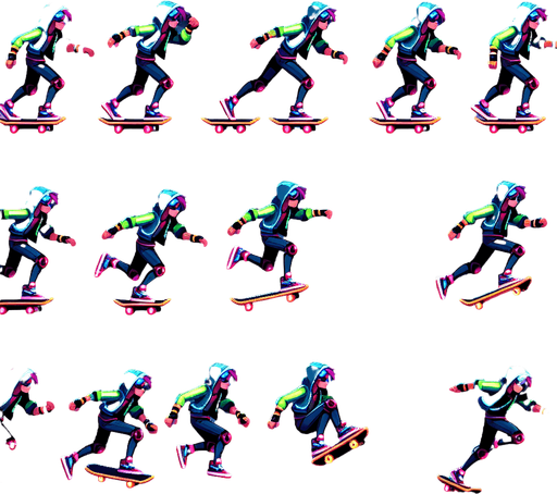 Animated skating sprite sheet (8 frames)

Jumping animation (3 frames)

Ideal size: 150x200 pixels

Theme: Futuristic athlete with skate board glowing accents. cartoonish with glowing colors
Single Game Texture.  In-Game asset.  2d.  Blank background.  High contrast.  No shadows