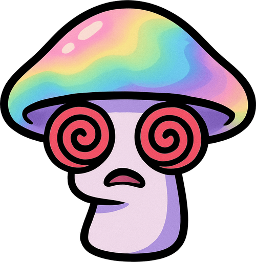Sombrero Iridiscente/Colorido: Su sombrero es la característica más llamativa, mostrando una gama de colores suaves y pastel que se mezclan como un arcoíris o un efecto iridiscente (rosas, azules, verdes claros, morados). Esto sugiere su naturaleza "hipnótica" o alucinógena.

Tallo Púrpura Claro/Blanco: Su tallo es de un color púrpura muy claro o casi blanco.

Ojos en Espiral/Hipnóticos: Sus "ojos" son dos grandes espirales rojas o rosadas, lo que claramente representa su capacidad de hipnotizar.

Boca Triste/Somnolienta: Tiene una pequeña boca que parece un poco triste o somnolienta, lo que contrasta con la intensidad de sus ojos espirales..
In-Game asset.  2d.  High contrast.  No shadows