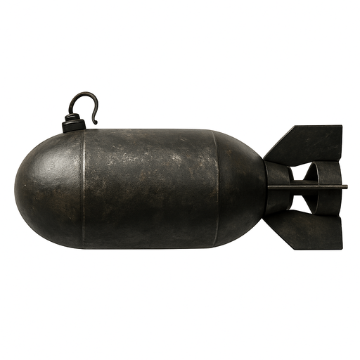 Bomba, gerçekçi, yandan görünüm, yazısız.
In-Game asset.  High contrast.  No shadows