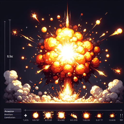Initial Impact:

Start with a bright flash of light (yellow or white) at the point of collision to indicate the impact.
Explosion Burst:

Create a series of expanding fireballs with glowing orange, red, and yellow hues.
Add smoke trails or debris flying outward from the center of the explosion.
Animation Details:

Make the explosion dynamic, starting with a fast expansion and then slowly fading out.
Include flickering or sparking effects for added realism.
Duration:

The entire animation should last around 0.5–1 second to ensure it feels impactful but doesn't interrupt gameplay flow.
Style:

Match the art style of the game, whether it's realistic, cartoonish, or pixelated, to ensure consistency..
Single Game Texture. In-Game asset. 2d. Blank background. High contrast. No shadows.