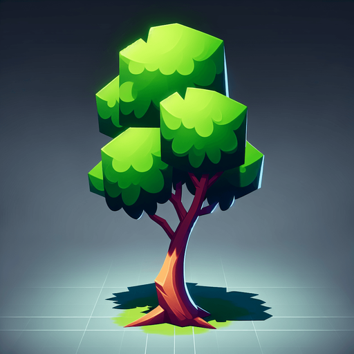 cartoony art style single tree.
In-Game asset.    Blank background.  High contrast.