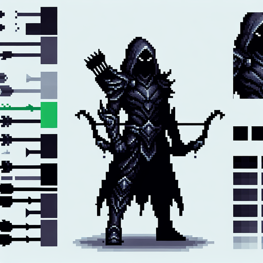 create me a 2d pixel dark archer.
Single Game Texture. In-Game asset. 2d. Blank background. High contrast. No shadows.