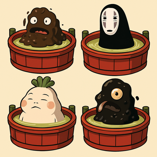Japanese circle bath have different stink spirits from movie "spirited away". each one per bath. HD colors.
In-Game asset.  2d.  High contrast.  No shadows