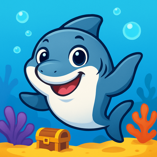 A cute cartoon-style shark character designed for a mobile game. Smooth and slightly chubby body, big round eyes with a friendly sparkle, a wide cheerful grin with small, non-scary teeth. Light gray or blue-gray color with a soft white belly. Playful pose, as if swimming happily or waving a fin. Simple colorful underwater background with bubbles, coral, or treasure chests. Joyful and friendly expression, perfect for kids. High-quality digital illustration, ideal for a children’s game..
In-Game asset.  2d.  High contrast.  No shadows. cartoon style