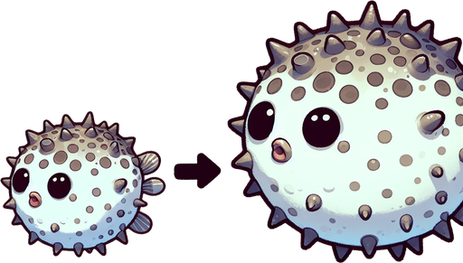 Две версии одной рыбы фугу маленькая и надутая 
Анимация.
Single Game Texture. In-Game asset. 2d. Blank background. High contrast. No shadows.