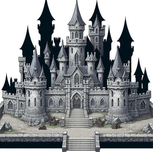A grey fantasy castle.
In-Game asset. 2d. Transparent background. High contrast. No shadows.