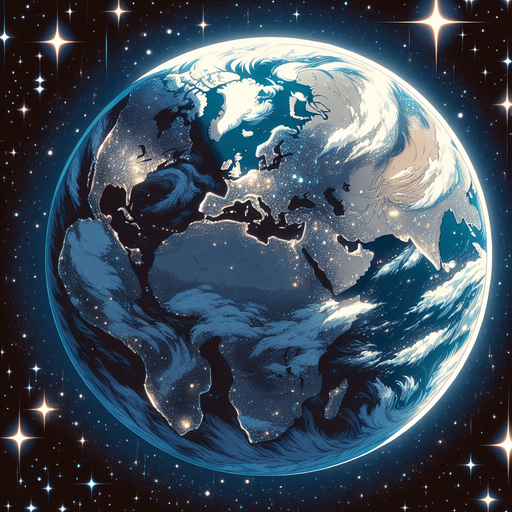 2d anime style image about earth from space with full of stars
Single Game Texture.  In-Game asset.  2d.  Blank background.  High contrast.  No shadows
