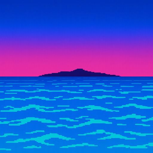Above water ocean background showing clear sky with gradient and land far away against the horizon. Minimal detail.  80s arcade machine graphics..
In-Game asset.  2d.  High contrast.  No shadows