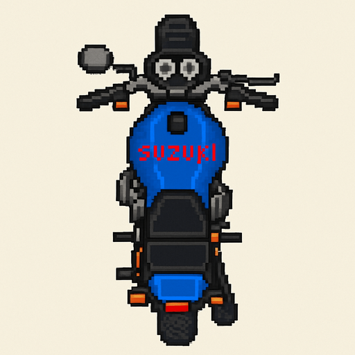 bird's eye pixel art motorcycle suzuki.
In-Game asset.  2d.  High contrast.  No shadows
