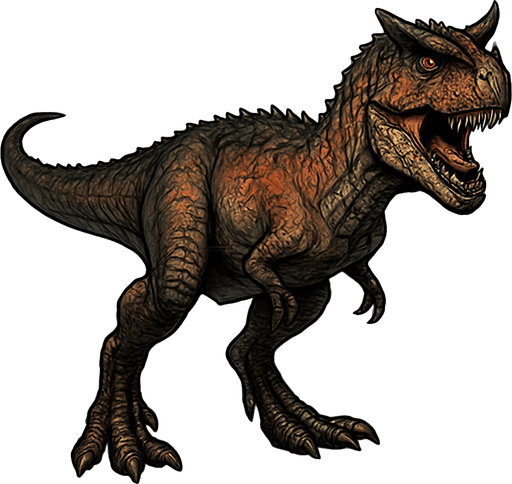 A fierce Carnotaurus dinosaur depicted in a dynamic neutral pose on a transparent background. It has a slender but muscular body covered with rough, textured reddish-brown and dark gray scales. The head is distinctive with two prominent horns above its eyes and a wide mouth showing sharp teeth. Its arms are tiny and tucked close to the body, while powerful legs end in sharp claws. The skin shows bumps and small scars, emphasizing its predatory nature and agility..
In-Game asset.  2d.  High contrast.  No shadows
