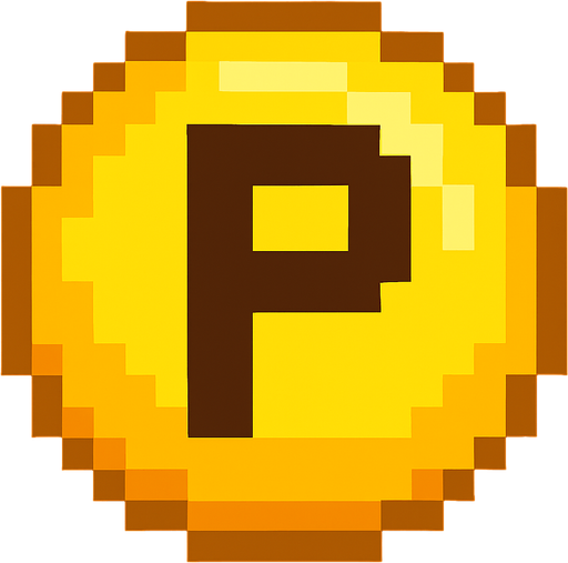 Esfera amarilla con la letra P , pixelart.
In-Game asset.  2d.  High contrast.  No shadows