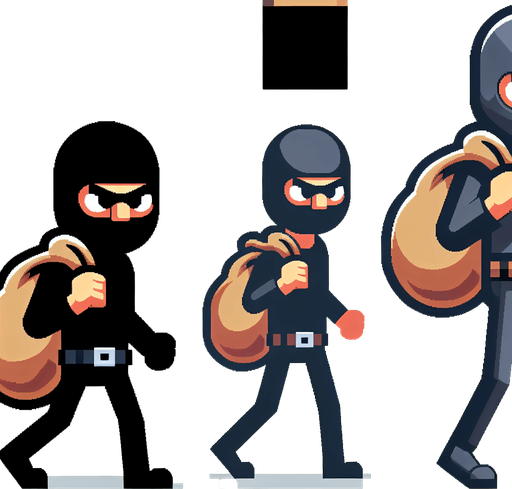 A thief with a mask and steal bag.
Single Game Texture. In-Game asset. 2d. Blank background. High contrast. No shadows.