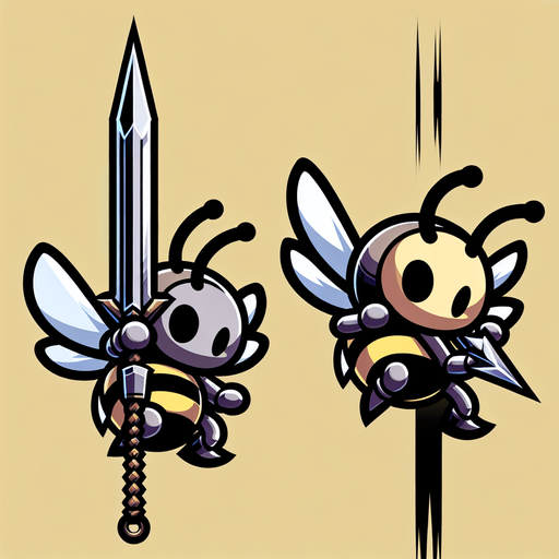 chibi vertical image of bee. dived down attack with spear sting 
Single Game Texture.  In-Game asset.  2d.  Blank background.  High contrast.  No shadows