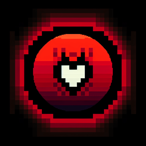 red pixel circle with black background and hearth on middle.
Single Game Texture. In-Game asset. 2d. Blank background. High contrast. No shadows.