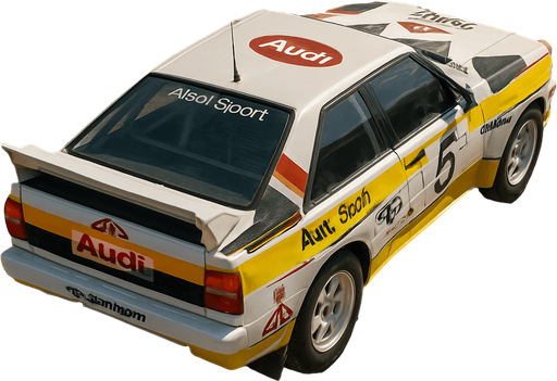 Photorealistic audi b2 quattro RALLYCAR, drone topview from back. Angle should be 45 degrees in the top right corner of the screen