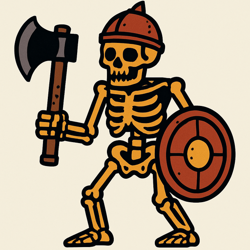 un esqueleto grande, con un hacha, un caso y escudo.
In-Game asset.  2d.  High contrast.  No shadows