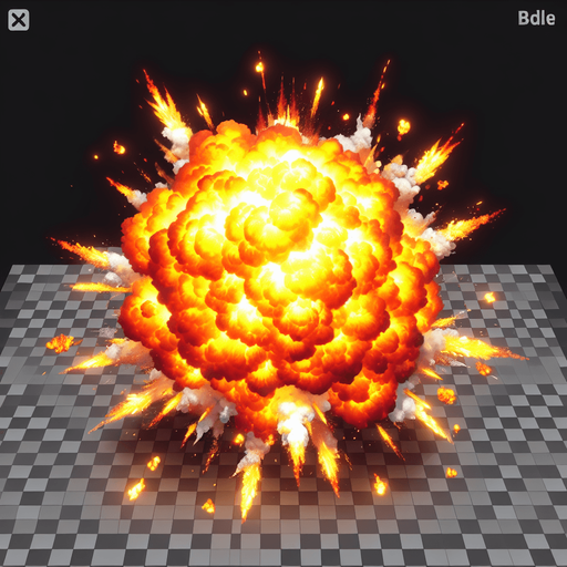 A realistic looking explosion, viewed from above. Bright coloured fire
Single Game Texture. In-Game asset. 2d. Blank background. High contrast. No shadows.