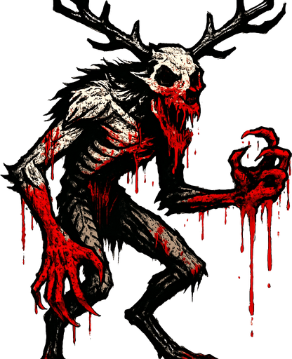 a wendigo with blood.
In-Game asset.  2d.  High contrast.  No shadows