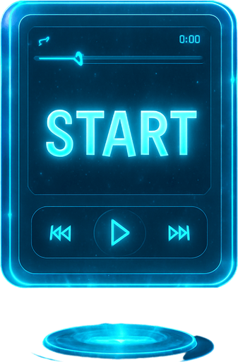 Start button in the shape of a protorealistic holographic futuristc music player.
Front view.