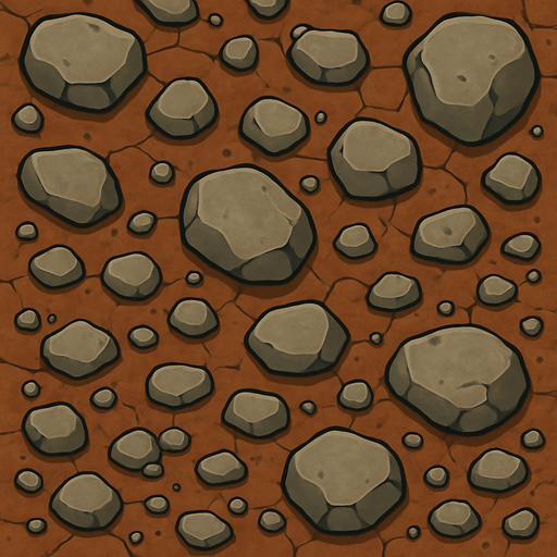 Tierras con piedras, ocupar toda la imagen, visto desde arriba.
In-Game asset.  2d.  High contrast.  No shadows