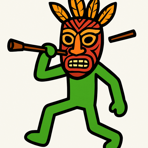 Green stickman with a tribal mask and a stick to shoot darts.
In-Game asset.  2d.  High contrast.  No shadows