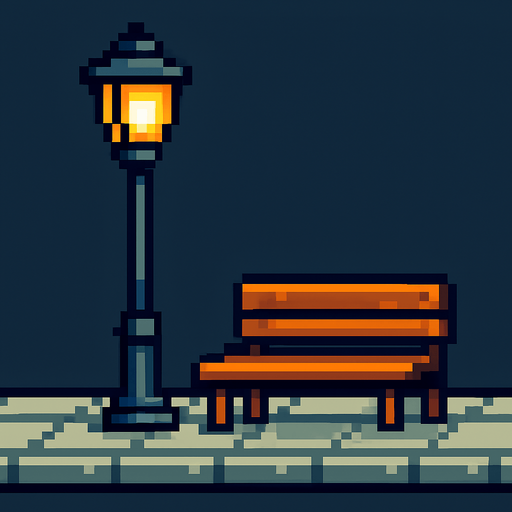 sokak lambası kaldırım ve bank pixel.
In-Game asset.  2d.  High contrast.  No shadows